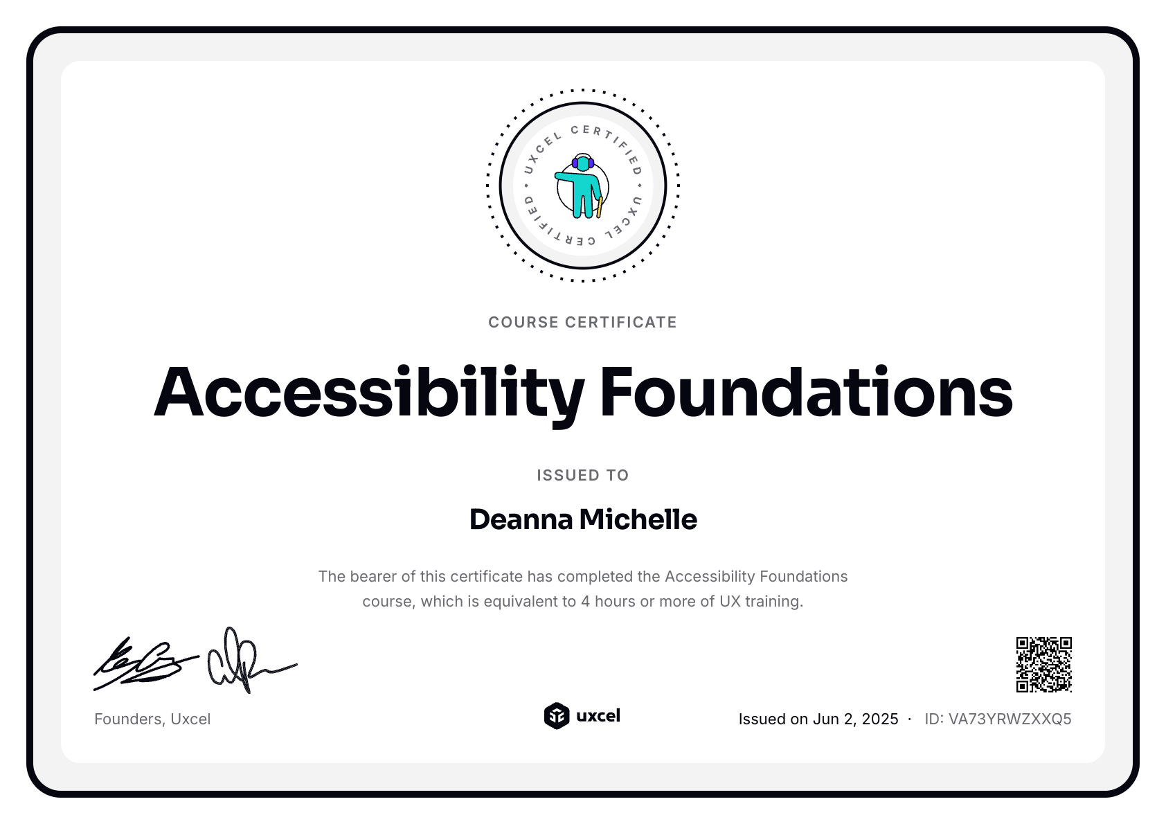 Deanna Michelle's certificate